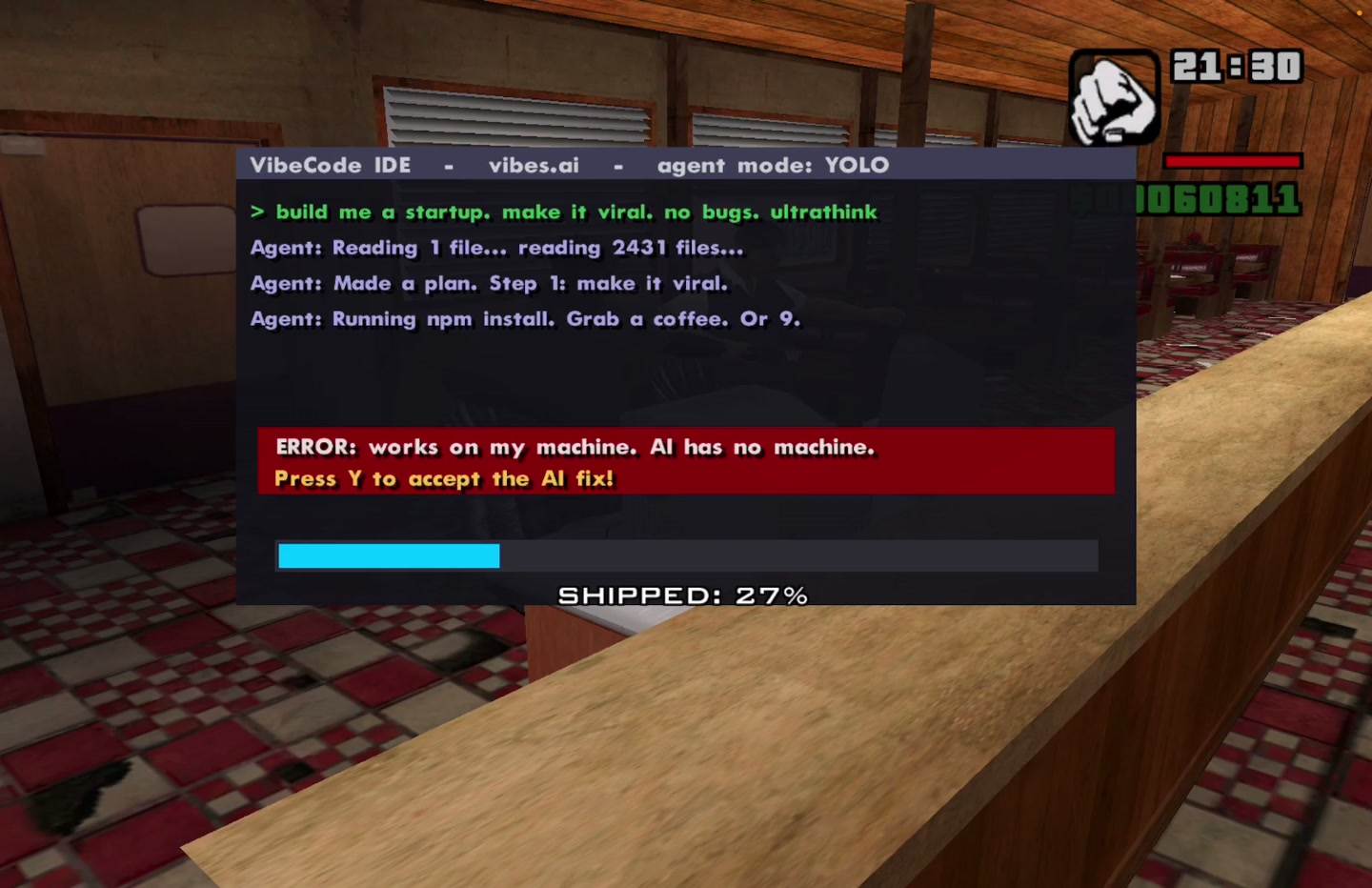 CJ’s startup-building minigame inside a diner in levelsio’s custom GTA San Andreas mission