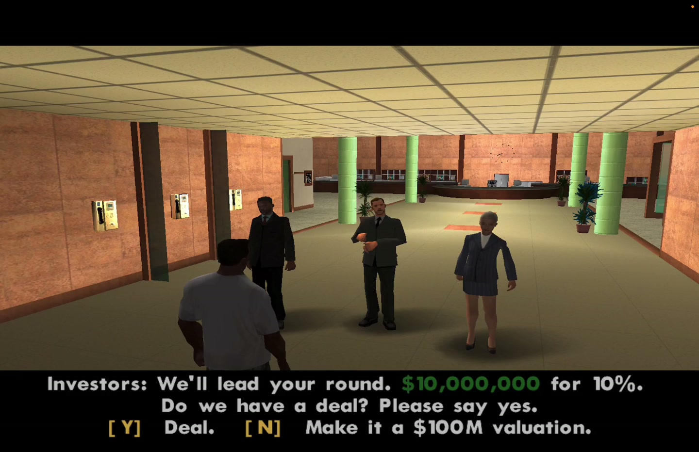 CJ facing the investors during the pitch scene in levelsio’s custom mission